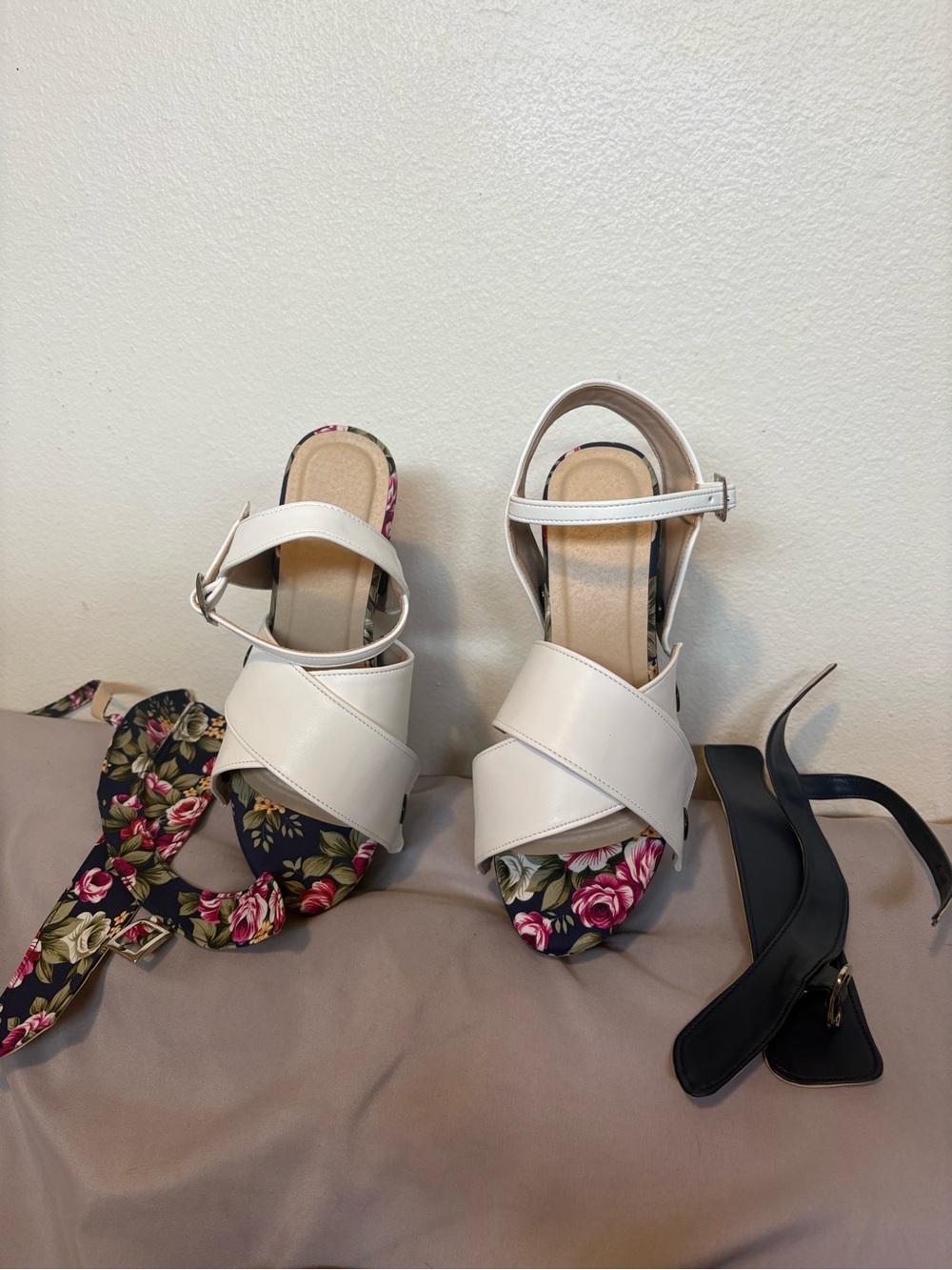 Classic White Crisscross Ankle Strap Heels with Floral Footbed
